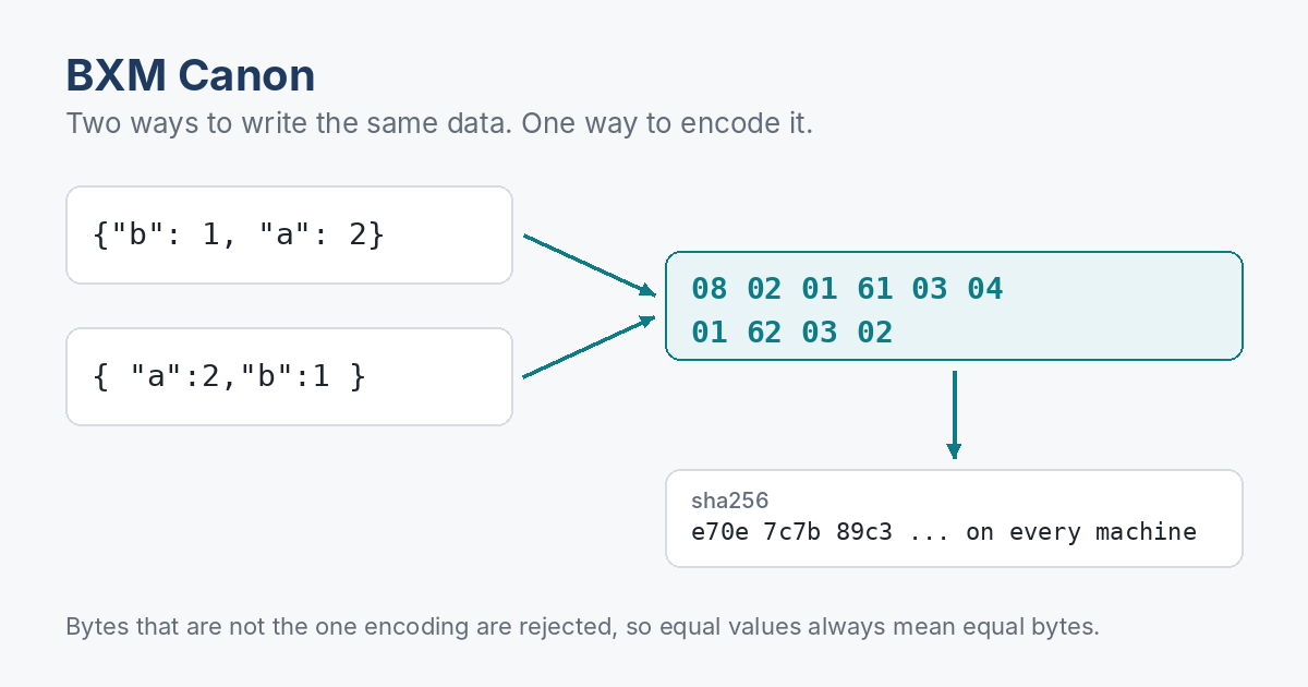 Two JSON texts with the same data in a different key order both encode to the same Canon bytes, 08 02 01 61 03 04 01 62 03 02, and so to the same SHA-256 hash